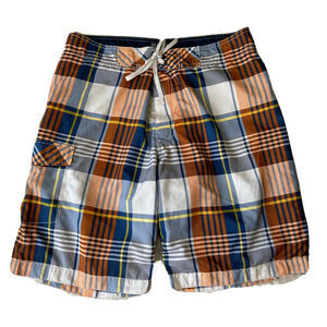Old Navy Swim Trunks Sz L Blue Orange Plaid Board Shorts Lined Cargo Fun Summer
